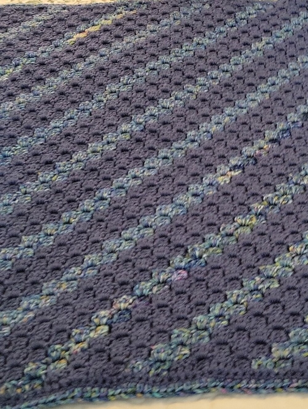 Hand Crafted Navy Crochet Throw with Variegated Blue-Green Accents